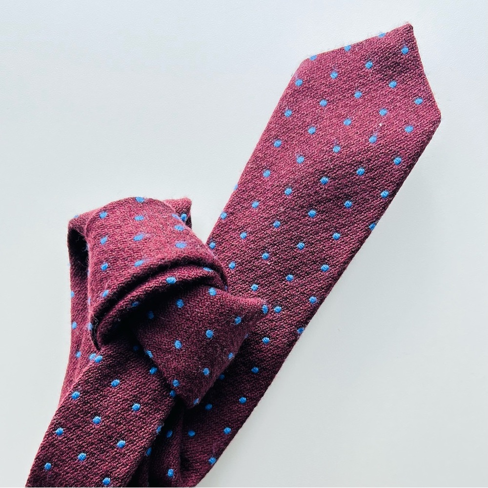J Crew Classic Necktie in Burgundy Wool with Blue Pin-Dots